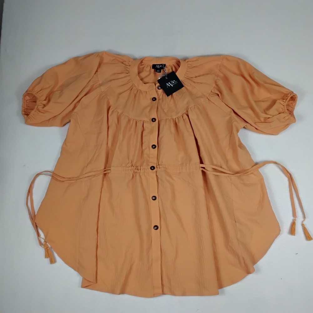 AVE Womens Orange Puff Sleeve Blouse One Size NWT Button Front Boho Tie Waist